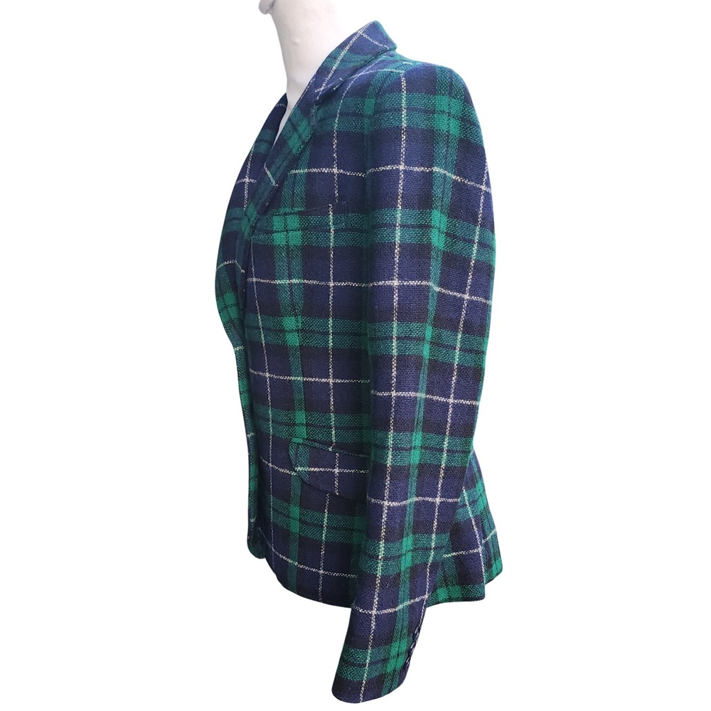 VTG The Villager Blazer Women's Glen Plaid Green Blue Wool Jacket Size 14 - Picture 2 of 8